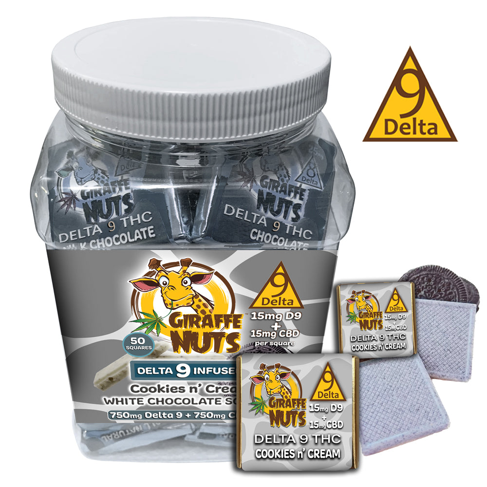 Δ DELTA 9 Cookies n' Cream Squares - 15mg D9 THC + 15mg CBD Per Square - 50 Count Jar