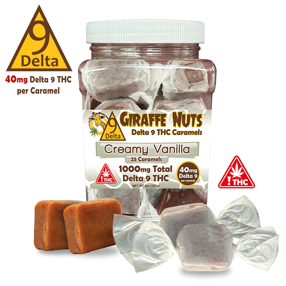 40mg Delta 9 Deluxe Caramels - 1000mg D9 Total - 25 Count Jar - Vanilla