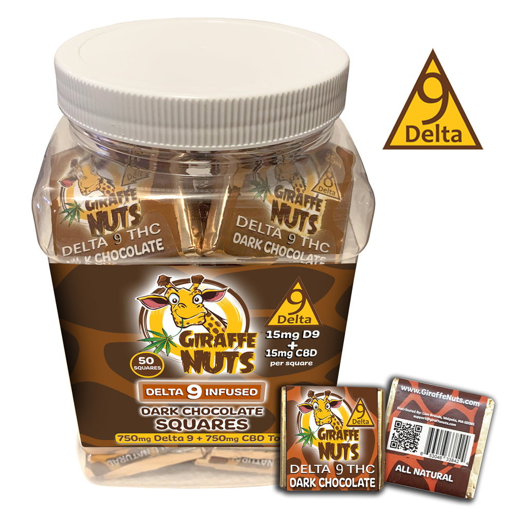 
                      
                        Δ DELTA 9 Dark Chocolate Squares – 15mg D9 THC + 15mg CBD Per Square - 50 COUNT JAR
                      
                    