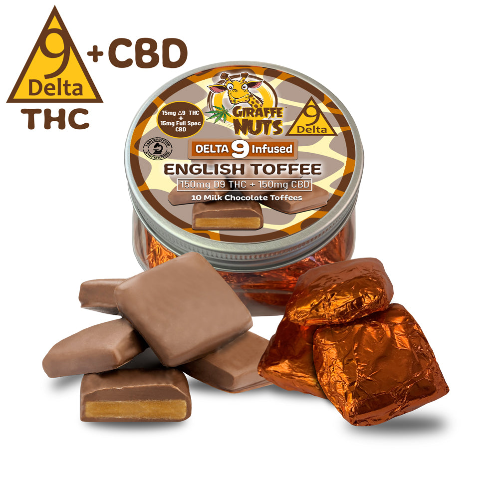 DELTA 9 English Toffee Milk Chocolates - 15mg D9 THC + 15mg CBD Per Toffee - 10 COUNT JAR