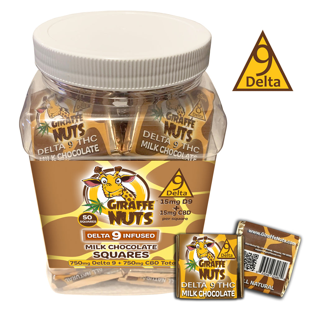 Δ DELTA 9 Milk Chocolate Squares – 15mg D9 THC + 15mg CBD Per Square - 50 COUNT JAR