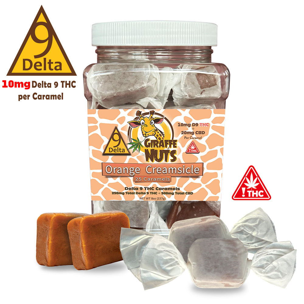 Orange Creamsicle - Delta 9 THC Orange Creamsicle Deluxe Caramels - 10mg D9+20mg CBD Per Piece - 25 Piece Jar